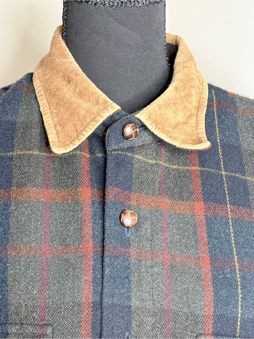 VTG Ivy Crew Plaid Leather Button-Front Shacket Jacket w Elbow Patches Pockets M